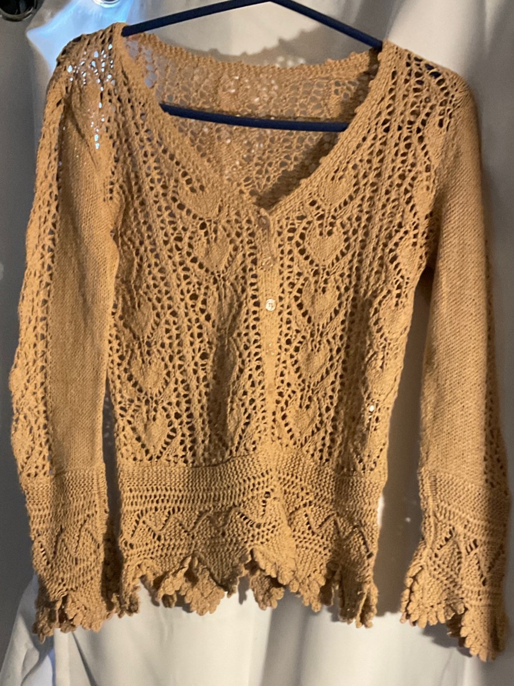 Openwork V-Neck Crochet Sweater - Camel/Tan